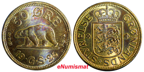 GREENLAND 50 ORE 1926  .POLAR BEAR.LOW MINTAGE : 195,837  UNC. RAINBOW KM# 7(5)