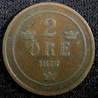 Sweden Oscar II Copper 1876 2 Ore  KM# 735   (23 134)