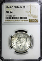 GREAT BRITAIN George VI Silver 1943 2 Shilling NGC MS62 WWII Issue KM# 855 (007)