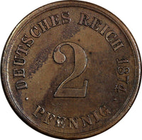 Germany-Empire Wilhelm I Bronze 1874 D 2 Pfennig Munich Mint XF KM# 2 (20 300)