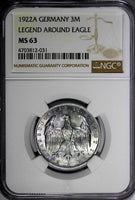 Germany,Weimar Republic 1922 A 3 Mark NGC MS63 LEGEND AROUND EAGLE KM# 29 (031)