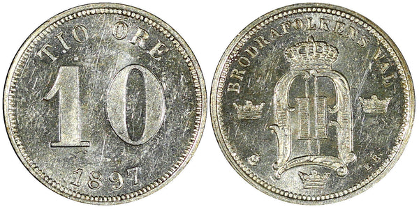 SWEDEN Oscar II (1872-1907) Silver 1897 EB 10 Ore AU/UNC SCARCE KM# 755 (454)