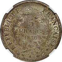 France Silver 1876 A 5 Francs NGC AU58 Hercules Paris Mint KM# 820.1 (023)