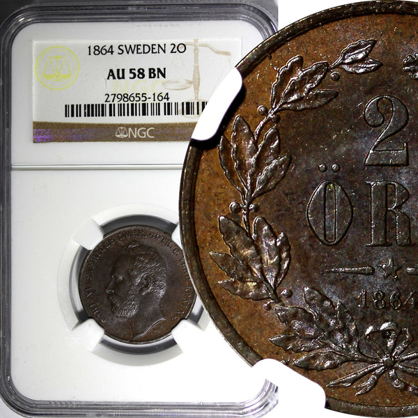 Sweden Carl XV Adolf Bronze 1864 2 Ore NGC AU58 BN  Mintage-600,000  KM# 706 (4)