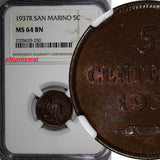 San Marino Bronze 1937 R 5 Centesimi NGC MS64 BN KEY DATE TOP GRADED KM# 12 (50)
