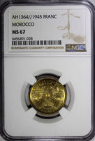 Morocco Mohammed V 1364 (1945) 1 Franc Paris Mint NGC MS67 TOP GRADED Y# 41 (8)