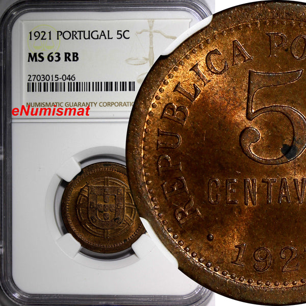 Portugal Bronze 1921 5 Centavos NGC MS63 RB 3 YEARS TYPE KM# 569 (046)