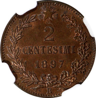 ITALY Umberto I Copper 1897 R 2 Centesimi NGC MS66 BN TOP GRADED KM# 30 (054)
