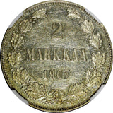 Finland Nicholas II Silver 1907 L 2 Markkaa NGC AU55 Mintage-125,000 KM# 7.2 (7)