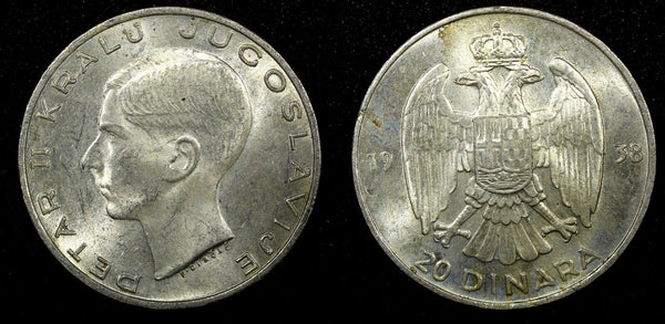 Yugoslavia Petar II Silver 1938 20 Dinara 1 Year Type KM# 23 (22 599)