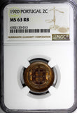 Portugal Bronze 1920 2 Centavos NGC MS63 RB  3 YEARS TYPE KM# 568 (013)