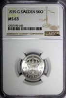 SWEDEN Gustaf V Silver 1939 G 50 Ore NGC MS63 1 GRADED HIGHEST BY NGC KM# 788(6)