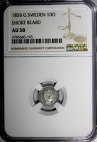 Sweden Oscar I (1844-1859) Silver 1855 G 10 Ore NGC AU58 Short Beard KM# 683 (3)