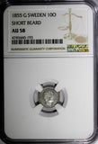 Sweden Oscar I (1844-1859) Silver 1855 G 10 Ore NGC AU58 Short Beard KM# 683 (3)