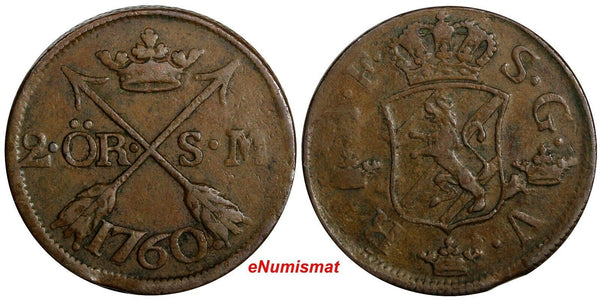 SWEDEN Adolf Frederick (1751-1771) 1760 S.M. 2 Ore Mintage-558,000 KM#461 (101)