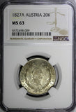 Austria Franz I Silver 1827 A 20 Kreuzer  NGC MS63 1 GRADED HIGHEST KM# 2144 (9)