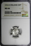 Finland Nicholas II Silver 1916 S 25 Pennia NGC MS66 GEM BU KM #6.2 (048)