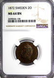 SWEDEN Bronze Carl XV Adolf  1872  2 ORE NGC MS64 RB Nice Toned KM#706 (158)