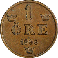 Sweden Oscar II Bronze 1896 1 Öre Extra Large letters UNC KM# 750 (21 930)