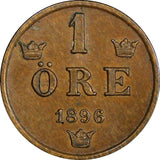 Sweden Oscar II Bronze 1896 1 Öre Extra Large letters UNC KM# 750 (21 930)
