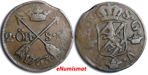 Sweden Adolf Frederick Copper 1763 2 Ore, S.M. Low Mintage-401,000 KM# 461 (63)