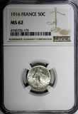 FRANCE Silver 1916 50 Centimes NGC MS62  KM# 854