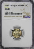 Denmark .Christian X Silver 1913 VBP GJ 25 Ore NGC MS64 KM# 815.1 (145)