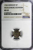 German MECKLENBURG-SCHWERIN Silver 1764 3 Pfennig NGC MS63 TOP GRADED KM#202(72)