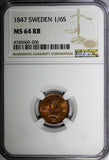 SWEDEN Oscar I Copper 1847 1/6 Skilling NGC MS64 RB NICE BU COIN  KM# 656