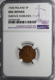 Finland Copper 1928 5 Pennia NGC UNC DETAILS KM# 22