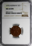 NORWAY Olav V Bronze 1970 2 Ore NGC MS64 BN PROOF LIKE SURFACE KM# 410