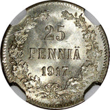 Finland Nicholas II 1917 S 25 Pennia NGC MS66 Grand Duchy KM# 6.2 (028)