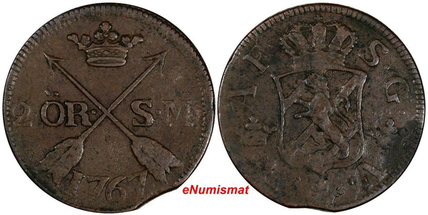 SWEDEN Adolf Frederick Copper 1767 2 Ore, S.M. Low Mintage-467,000 KM#461 (300)