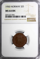 Norway Haakon VII Bronze 1950 2 Ore NGC MS64 BN TOP GRADED BY NGC  KM# 371 (094)