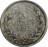 Netherlands Wilhelmina I Silver 1892 10 Cents Thin head 1st Year KM# 116 (664)