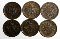 Switzerland Bronze LOT OF 6 COINS 1919-1936 1 Rappen KM# 3.2 (15 629)