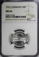 Germany,Weimar Republic 1921 J 50 Pfennig NGC MS64 1 GRADED HIGHER KM# 27 (046)