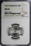 Germany,Weimar Republic 1921 J 50 Pfennig NGC MS64 1 GRADED HIGHER KM# 27 (046)