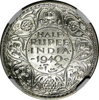 India-British George VI Silver 1940 (B) 1/2 Rupee Bombay NGC AU58 KM# 550a (012)