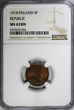Finland Republic Copper 1918 5 Penniä NGC MS63 BN 1 GRADED HIGHEST KM# 22 (026)