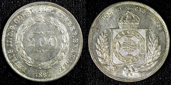 Brazil Pedro II Silver 1867 200 Reis Last Year Type ch.UNC KM# 469 (23 955)