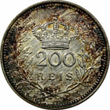 Portugal Manuel II Silver 1909 200 Reis aUNC RAINBOW TONED 1 YEAR TYPE KM# 549