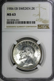 SWEDEN Oscar II Silver 1906 EB 2 Kronor NGC MS63 Low Mintage-112,468 KM# 773 (1)
