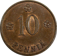 Finland Copper 1924 10 Penniä Helsinki Mint  KM# 24 (17 428)