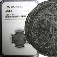 Bolivia Zinc 1942 20 Centavos NGC MS63 TOP GRADED  WWII KM#183 (3)