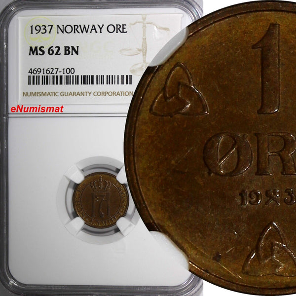 Norway Haakon VII Bronze 1937 1 Ore NGC MS62 BN  KM# 367 (100)