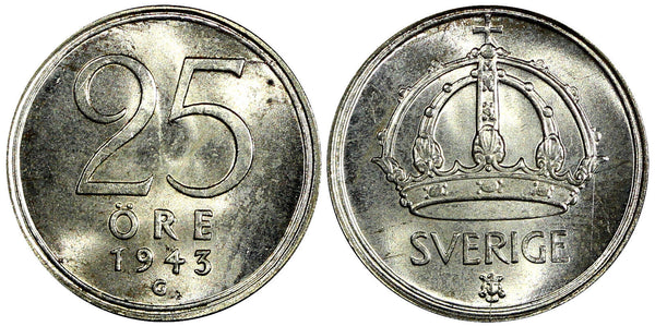 Sweden Gustaf V Silver 1943 G 25 Öre 1stYear Type GEM BU COIN KM# 816 (22 032)