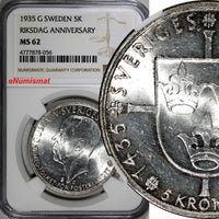 SWEDEN Silver 1935 G 5 Kronor NGC MS62 500th Anniversary of Riksdag KM# 806 (56)