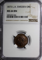 SWEDEN Oscar II (1872-1907) Bronze 1873 L.A. 1 Ore NGC MS64 BN KM# 728 (066)