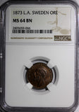 SWEDEN Oscar II (1872-1907) Bronze 1873 L.A. 1 Ore NGC MS64 BN KM# 728 (066)